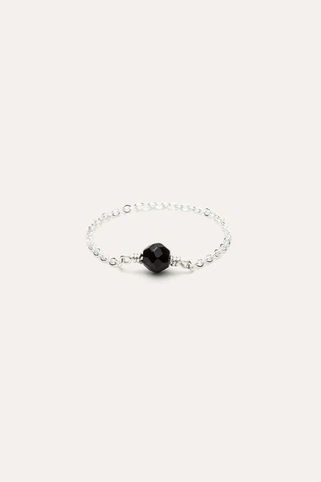 Bague chaînette Stella - Pierre noire - Argent